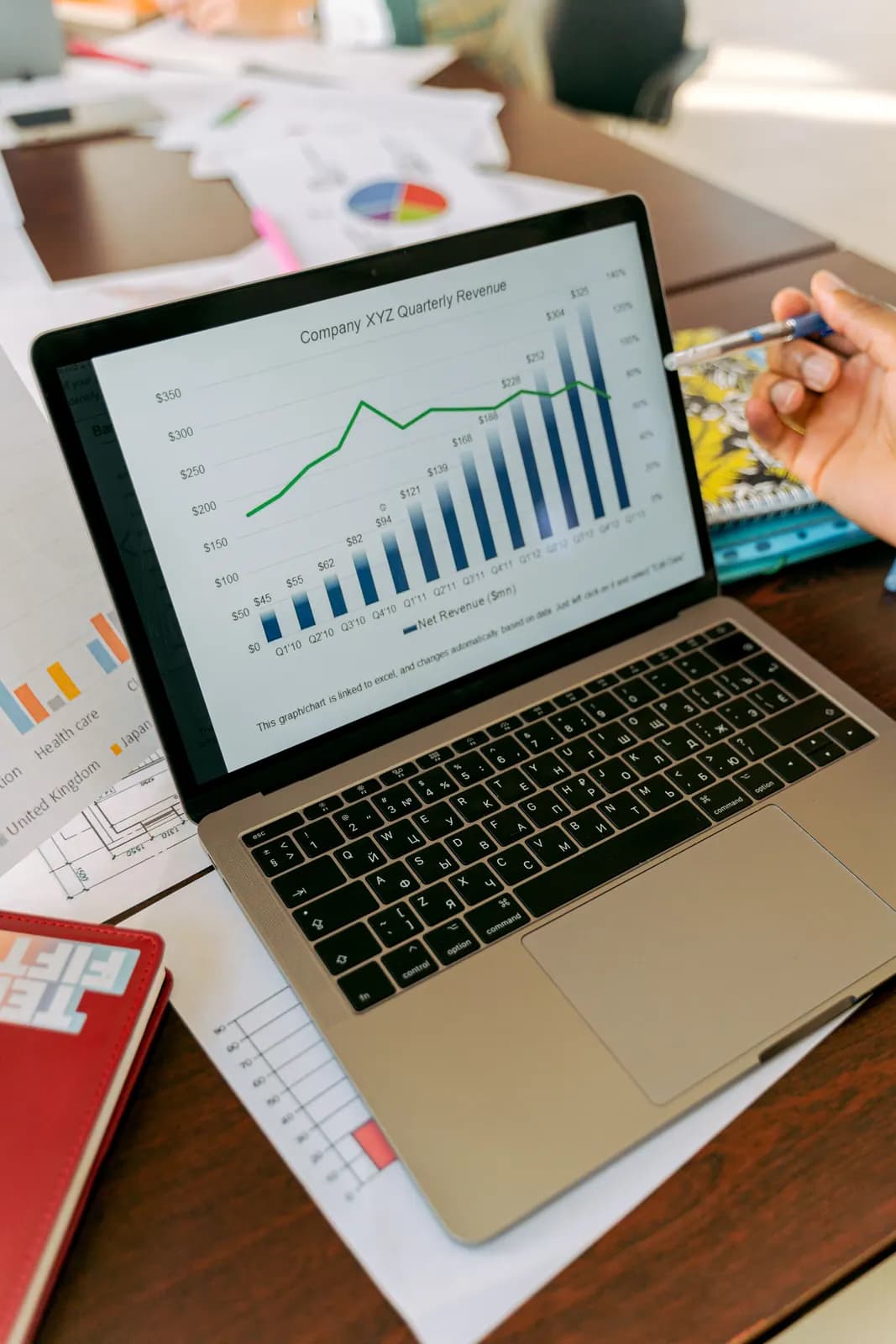 A laptop displaying business performance and revenue charts